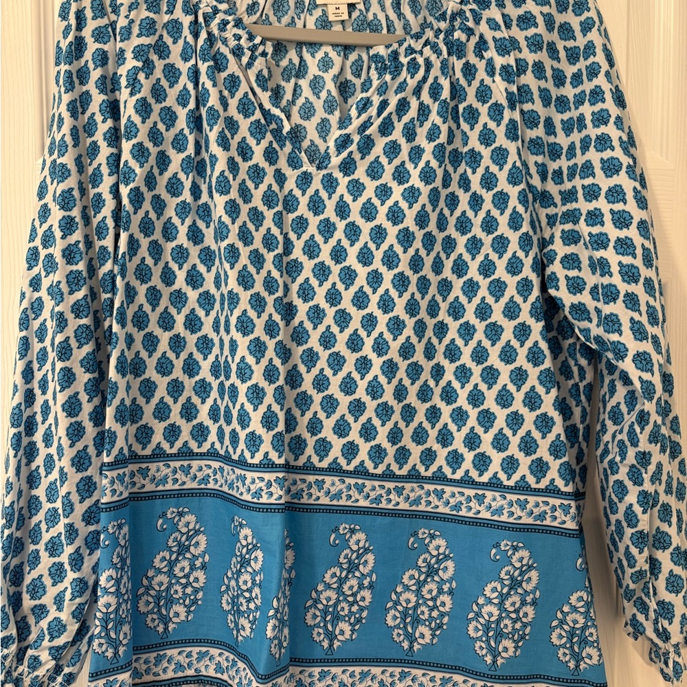 J Crew Blue & White Patterned Women's Top- Boho style, size M